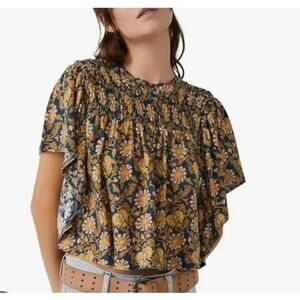 New Free People Women's Printed Ruffled Up Top XS Flowers Boho Flowy‎ Spring